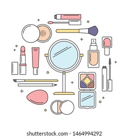 Makeup tools, mirror, lipstick, lip gloss, mascara, eye shadow, powder, etc. Vector line icons, round design template.