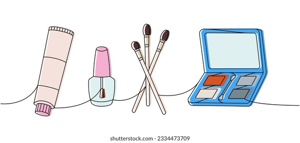 Makeup tools one line colored continuous drawing. Cosmetic cream, nail polish, brushes, makeup palette continuous one line illustration.