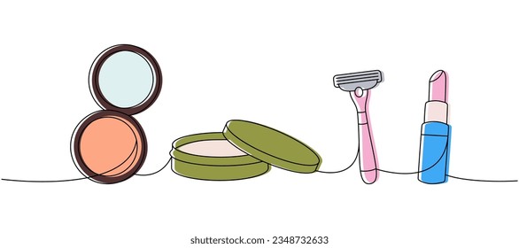 Makeup tools one line colored continuous drawing. Cosmetic makeup powder, cream jar, safety razor, lipstick continuous one line illustration.