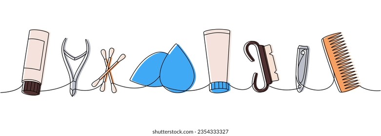 Makeup tools one line colored continuous drawing. Cosmetic cream, nail tongs, sponge, manicure brush, hair comb continuous one line illustration.