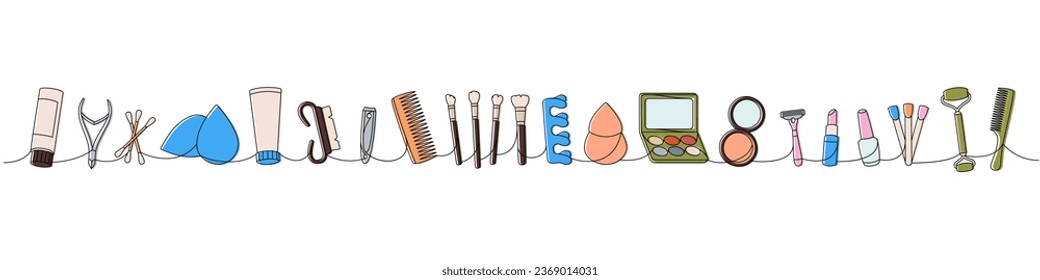 Makeup tools one line colored continuous drawing. Cosmetic cream, nail tongs, sponge, comb, brushes, makeup palette, nail polish, massage roller - Shutterstock ID 2369014031