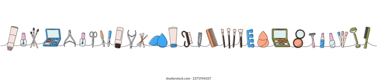 Makeup tools one line colored continuous drawing. Cosmetic cream, brushes, nail polish, sponge, comb, massage roller one line continuous illustration.