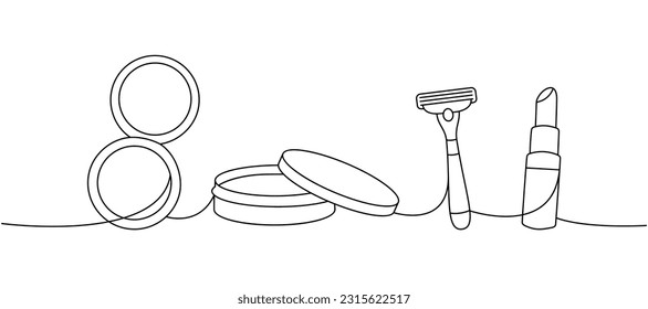 Makeup tools one line continuous drawing. Cosmetic makeup powder, cream jar, safety razor, lipstick continuous one line illustration.