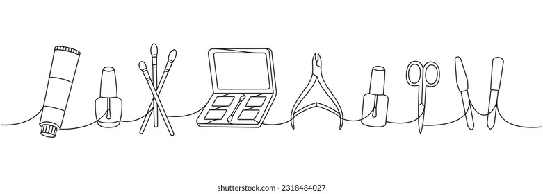Makeup tools one line continuous drawing. Cosmetic cream, brushes, palette, nail polish, tongs, cuticle scissor continuous one line illustration.