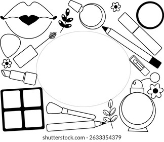 Makeup tools oval frame in rectangle template. Vector graphic line illustration. Black and white cosmetic makeup art. business card, certificate or gift voucher, flyer.
