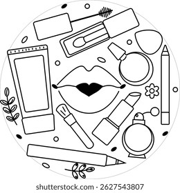 Makeup tools Round circle composition. Vector graphic line illustration. Black and white cute cosmetic makeup art. For poster, party invitation, backdrop, ad, sale promotion, print for t-shirt
