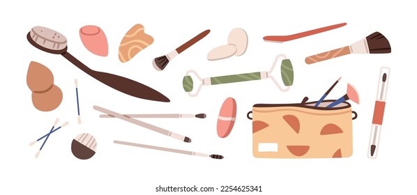 Makeup tools set. Beauty products from cosmetic bag, case. Visage stuff, supplies, brushes, accessories for applying face make-up foundation. Flat vector illustration isolated on white background