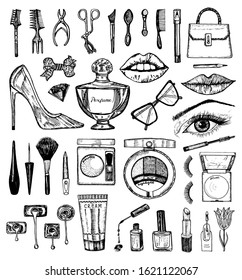 Makeup Tools Set. Doodle A collection of female tools and elements for a beauty salon. Hand drawn vintage engraved sketch outline. Eye, Lips, blush and maquillage, toiletry and cosmetology, cosmetics.