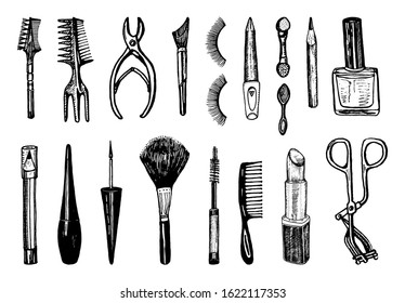 Makeup Tools Set. Doodle A collection of female elements for eyebrows, eyes and face and beauty salon. Hand drawn vintage engraved cosmetology and cosmetics sketch outline. 