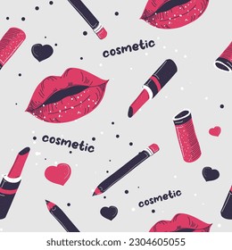 Tendencias de maquillaje y productos cosméticos para mujeres. Brillo de labios o lápiz para el contorneado, lápiz labial para labios completos. Rutina de belleza. Patrón sin inconvenientes, impresión de fondo o papel tapiz. Vector de estilo plano