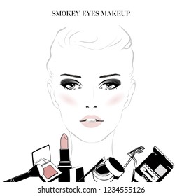 Make-up Tutorial, klassisch Make-up schöne weibliche Gesicht mit Kosmetik Skizze Set. Handgezeichnete Vektorillustration. Stilvolles Originalporträt mit attraktivem Mädchenmodell. Mode, Stil, Schönheit