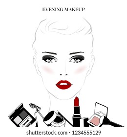 Makeup tutorial, classic makeup beautiful female woman face with cosmetics sketch set. Hand drawn vector illustration. Stylish original portrait with attractive girl model. Fashion, style, beauty