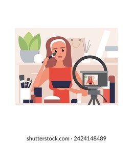 Makeup tutorial for fashion blog from girl blogger recording video on camera vector illustration