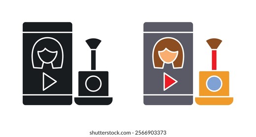 Makeup tutorial video icon set in black and colored
