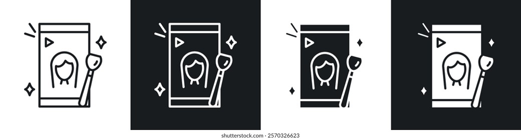 Makeup tutorial video icons vectors set in black. line and flat versions