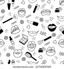 Make-up and Valentine's day concept. Seamless pattern made with various lips and expression. Decorated with makeup products.