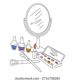 Ilustración de arte de línea de vanidad de maquillaje con espejo, lápiz labial, pinceles, esmalte de uñas y paleta de sombras de ojos. Mínimo contorno negro con acentos de color Pequeño, belleza y concepto de cosméticos.