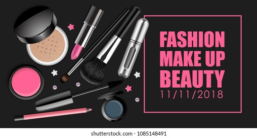 Makeup vector banner. Advertising template with text for beauty events or products. Loose powder, blush, eyeshadow case, lipstick tube, mascara brush, perfume atomizer isolated on dark background.