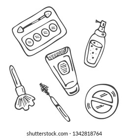 Makeup vector hand drawn objects. Doodle cosmetic products for beauty shop, nail salon, make up artist store. Shadow, mascara, cream, shampoo symbol