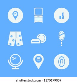 makeup vector icons set. with female mirror, shorts, lipstick and store location in set