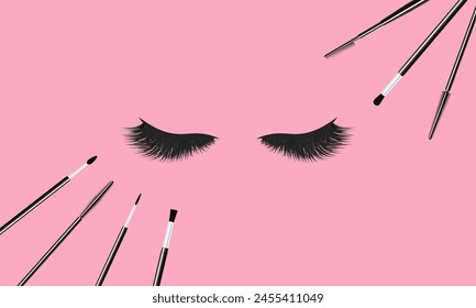 Makeup vector illustration. Beautiful eyelashes and cosmetics brushes set with 3d lashes. Beauty accessories for extensions cards, visage salons designs. isolated on a cute pastel background