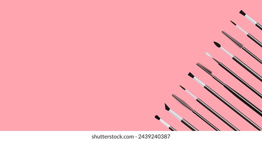 Makeup vector illustration. Cosmetics brushes isolated on a pastel background. Beauty tools and accessories collection for make-up salon, eyelashes and brows extensions cards and decorative designs