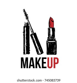 Makeup Vector illustration of hand drawing makeup cosmetics set. Red lipstick, mascara tube and brush isolated on white background. Design concept for cosmetics label, logo visage and makeup artist.