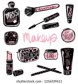 Makeup vector set. Mascara, lipstick, eye shadows, brush, foundation, perfume. Cosmetics beauty elements. Stickers for girls. Beautiful fashion illustration isolated on white background.