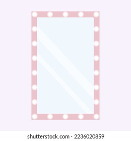 Makeup vertical mirror with frame and light bulbs. 