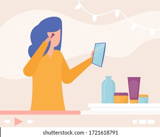 Tutorial de video maquillaje, blogger de belleza en Internet, ilustración vectorial. Transmisión de glamour en línea, personaje de chica con estética, profesional y hermoso personaje de mujer. Comprende una lección en línea.