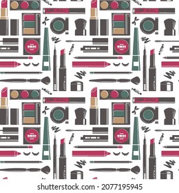 Makeup and visage cosmetic products, powders and shades, lipsticks and mascara, eyeliner and brushes for application. Salon professional care. Seamless pattern background or print. Vector in flat