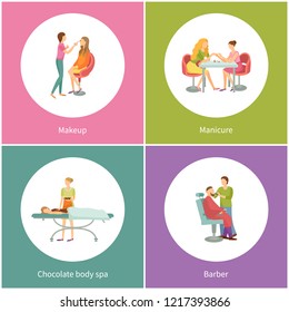 Makeup and visage on face manicure set vector. Barber shop, man service for trimming beards and making haircuts. Visage and chocolate body hot spa