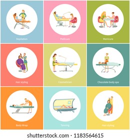 Makeup and visagiste depilation icons set vector. Pedicure nail treatment and hair styling, barber for man hairstyle. Massage and body wrap depilation