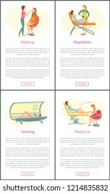 Makeup visagiste and tanning, posters set with text and clients relaxing vector. Beauty procedures, depilation and pedicure service by pedicurist