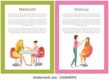 Makeup visagiste working with clients face using brush. Manicure manicurist polishing nails vector posters with text sample. Nail polishing and brushing face
