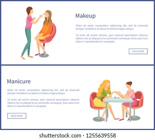 Makeup and visagiste working with clients face using brush. Posters set with text sample and web buttons. Manicure manicurist polishing nails vector