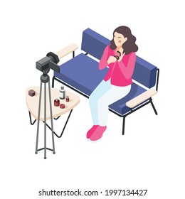 Makeup vlogger using camera to record video about cosmetic products isometric icon vector illustration