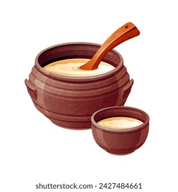 Makgeolli drink. Korean rice wine. Alcohol from Korea, vector food icon. Traditional korean Makgeolli drink illustration. Rice wine, clay pot and cup with dipper. 3d Asian Makkoli alcohol tradition