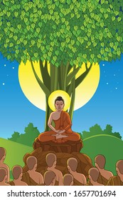 Makha Bucha day, Buddha sitting under the Bodhi tree at midnight with monks.