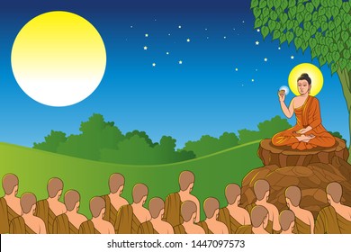 Makha Bucha day is an important Buddhist Day. The lord Buddha sits on a rock under the Bodhi tree. Is teaching the monks with a background of grass, trees, and full moon and the stars of the night.