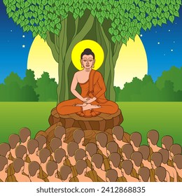 Makha Bucha day is an important Buddhist Day. The lord Buddha sits on a rock under the Bodhi tree. Is teaching the monks with a background of grass, trees, and full moon and the stars of the night.