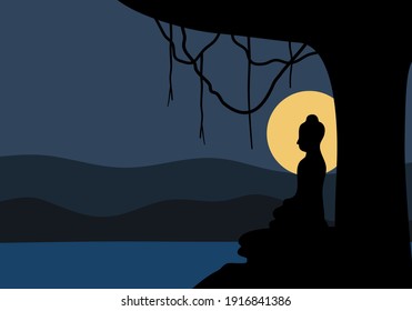 Makha Bucha Day or visakha concept vector illustration. Buddha meditation nearby river with full moon at night in flat design.