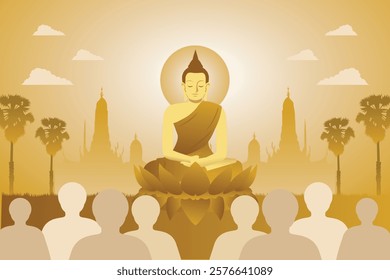 Makha bucha day.Buddhist monk to find images of Buddhist monks, who play a central role in the Makha Bucha Day ceremony.sitting on lotus flower with crowd of monk.Visakha, Asarnha Bucha Day Vector 