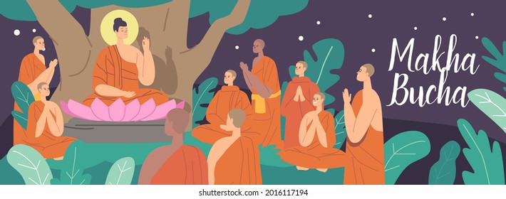 Makha Bucha Greeting Card. Buddha Sitting in Lotus Flower under Bodhi Tree at Night surrounded with Buddhists Monks wearing Orange Robes. Buddha Character Teaching. Cartoon People Vector Illustration