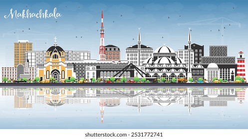 Makhachkala Russia city skyline with color buildings, blue sky and reflections. Vector illustration. Makhachkala cityscape with landmarks. Tourism concept with modern and historic architecture.