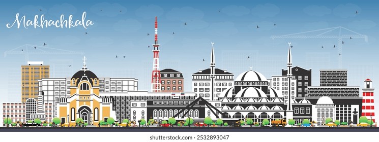 Makhachkala Russia city skyline with color buildings and blue sky. Vector illustration. Makhachkala cityscape with landmarks. Business travel and tourism concept with modern and historic architecture.