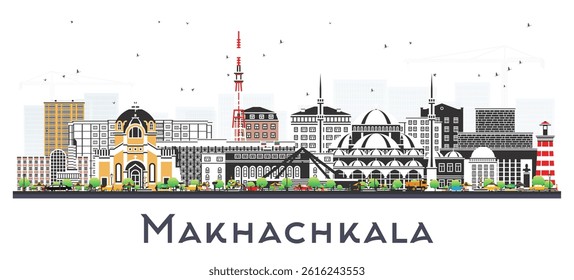 Makhachkala Russia city skyline with color buildings isolated on white. Vector illustration. Makhachkala cityscape with landmarks. Travel and tourism concept with modern and historic architecture.