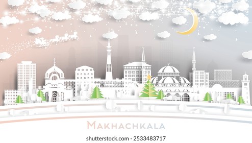 Makhachkala Russia. Winter city skyline in paper cut style with snowflakes, moon and neon garland. Christmas and new year concept. Santa Claus on sleigh. Makhachkala cityscape with landmarks.