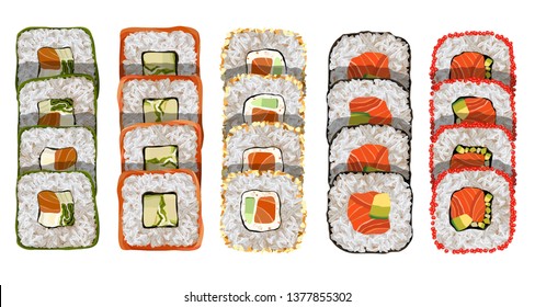 Maki roll with salmon and avocado Delicious japanese food with sushi roll.