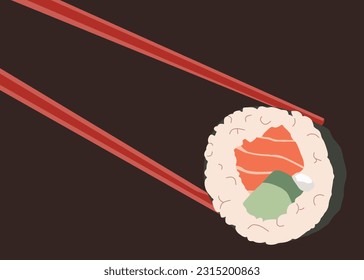 Maki roll with salmon in chopsticks on dark background